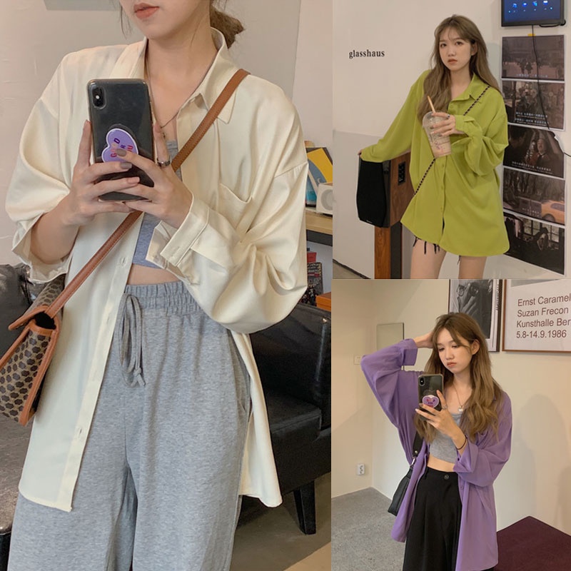 Dahong เสื้อเบลาส์ แขนยาว แขนยาว สีพื้น เบา ไม่เป็นทางการสไตล์แฟน ใส่สบาย w234