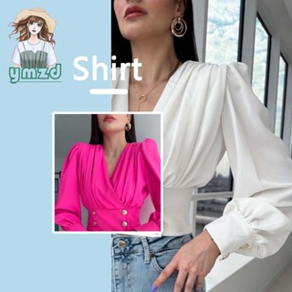 เสื้อเชิ้ต แขนยาว แขนพอง ย่น มีสไตล์ สีพื้น อย่างง่าย สําหรับผู้หญิง