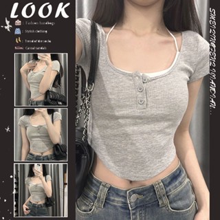 Massimo  เสื้อครอป เสื้อยืดผู้หญิง ครอป baby tee สาวเรโทร 2023 NEW Style Comfortable สวย Korean Style สวยงาม A99J315 36Z230909