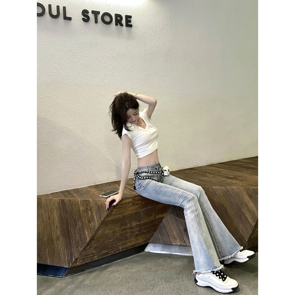 กางเกงยีนขาบาน เอวต่ํา ทรงสกินนี่ เอวต่ํา พร้อมกระเป๋า สีฟ้า สําหรับผู้หญิง Y2k - รูปที่ 7