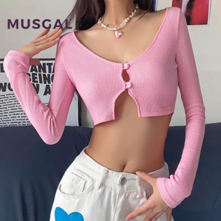 Musgal เสื้อเชิ้ตลําลอง แขนยาว คอวี ติดกระดุม ทรงสลิมฟิต สีพื้น แฟชั่นสําหรับผู้หญิง 2023