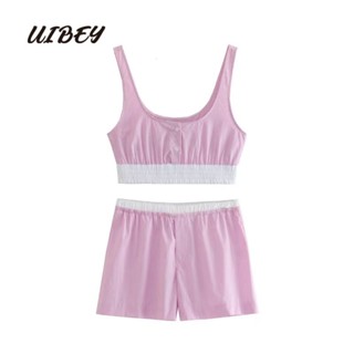 Uibey เสื้อสายเดี่ยว ลายทาง สีตัดกัน + กางเกงขาสั้น แฟชั่น 9535