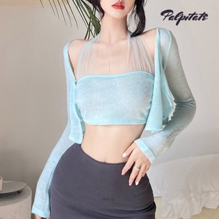 Palpitate ใหม่ เสื้อคาร์ดิแกน แขนยาว เข้ารูป โชว์สะดือ สีพื้น สําหรับผู้หญิง