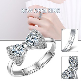 New 925 Sterling Silver Cubic Zirconia Bow Ring Women Open Band Ring Adjustable