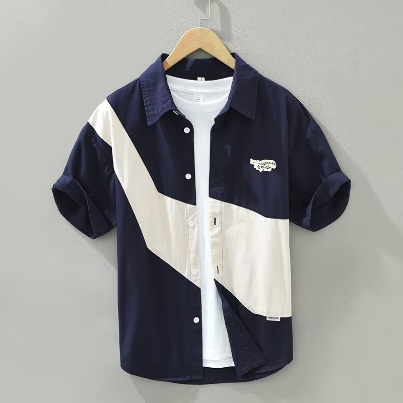 เสื้อเชิ้ตลําลอง ขนาดใหญ่ สีคอนทราสต์ สไตล์เกาหลีใต้ แฟชั่นสําหรับผู้ชาย
