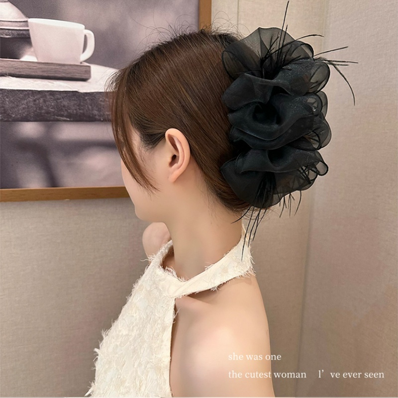 กิ๊บติดผม ตาข่าย ขนนก ขนาดใหญ่ ประดับโบว์ ดอกไม้ สีดํา หรูหรา เครื่องประดับ แฟชั่นสําหรับผู้หญิง