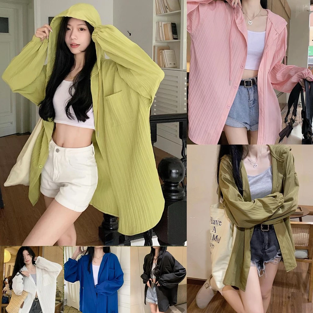 MIMI&DIDI#เสื้อเชิ้ตแขนยาวผู้หญิง oversize เสื้อฮู้ด คอวี ทรงหลวม แฟชั่น สีพื้น สำหรับสาวอวบคิ้วท์ๆสไตล์เกา W253