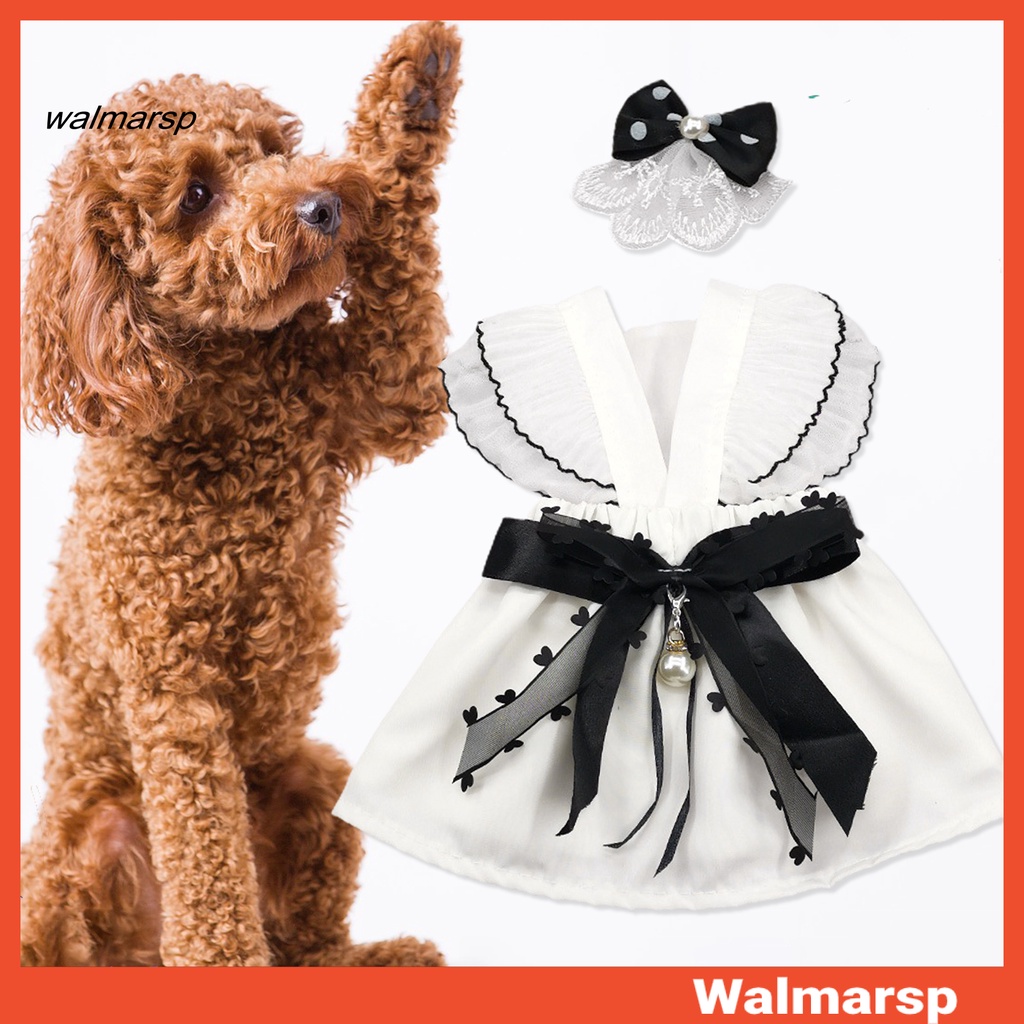 WMS ชุดสัตว์เลี้ยงบินแขน Gauzy Splicing V คอสีดํา Bowknot Faux Pearl ฤดูใบไม้ผลิฤดูร้อนสุนัขขนาดเล็ก