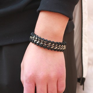 สร้อยข้อมือ สายหนังวัวแท้ แต่งสายโซ่เหล็ก สไตล์ญี่ปุ่น และเกาหลี แฟชั่นเรียบง่าย สําหรับผู้ชาย และนักเรียน