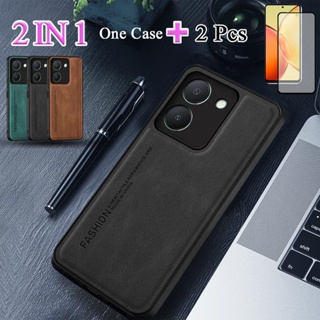 2 IN 1 เคสโทรศัพท์มือถือหนังแกะ เซรามิก กันรอยหน้าจอ ผิวโค้ง สําหรับ VIVO Y36 5G