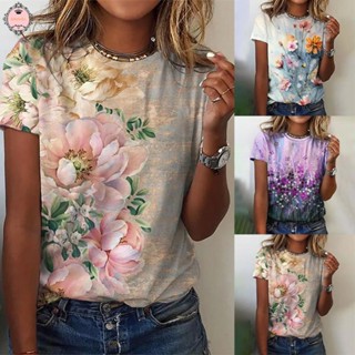 Women Fashion Floral Print Round Neck Short Sleeve Casual T-shirt Tee Tops