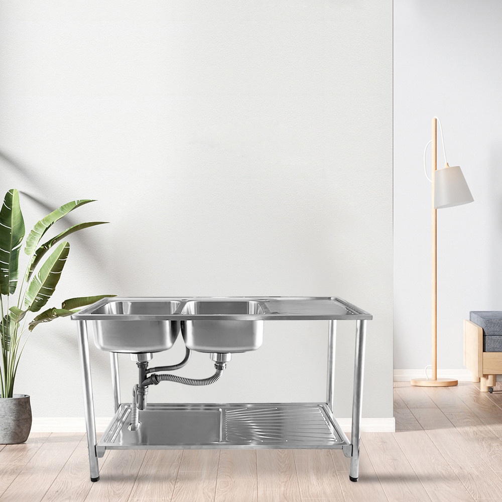 LOCAL789-CLOSE อ่างล้างจานพร้อมขาตั้ง 2 หลุมมีที่พัก SUS304 120x50x21 ซม. PS2-12050 (1/2) ร้านอยู่ใน