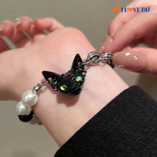 Ins สร้อยข้อมือ ลูกปัดมุก แมวดํา / กําไลข้อมือโซ่ ปะติดปะต่อกัน Y2K สีดํา สีขาว / ของขวัญเครื่องประดับ สุดเท่ เด็กผู้หญิง สุดเท่ เข้ากับทุกชุด