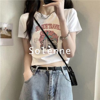 Solenne  เสื้อครอป เสื้อยืดผู้หญิง ครอป baby tee สาวเรโทร 2023 NEW Style fashion รุ่นใหม่ Korean Style Trendy A99J519 36Z230909