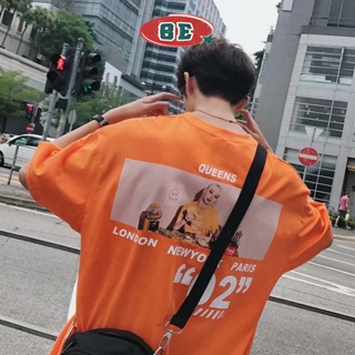 เสื้อยืดผู้ชายแขนสั้นฤดูร้อนเวอร์ชั่นเกาหลีของเทรนด์แขนห้าจุดผู้ชาย BF สไตล์ฮาราจูกุ เด็กชายพิมพ์หลวมแขน 5 จุดครึ่งแขน