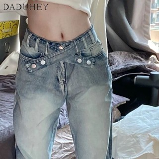 DaDuHey🎈 Korean Style Retro Womens Jeans Straight Loose New High Waist Slim Wide Leg Waist Cross Design Casual Mop Pants