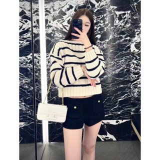 LCBA C- ELINE 2023 fashionable classic black and white stripes contrast color design short knit all-match top