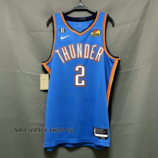 【คุณภาพสูง】ใหม่ ของแท้ NBA Thunder 2022-23 สําหรับผู้ชาย #2 เสื้อกีฬาแขนสั้น ลายทีม Shai Gilgeous Alexander Icon Edition สีฟ้า