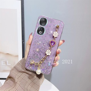 พร้อมส่ง ใหม่ เคสโทรศัพท์มือถือนิ่ม ลายกลิตเตอร์ดาว หัวใจ ประดับเพชร พร้อมสายคล้องมือ สําหรับ Honor90 Honor 70 90 Lite 5G 2023 Honor 90 Lite