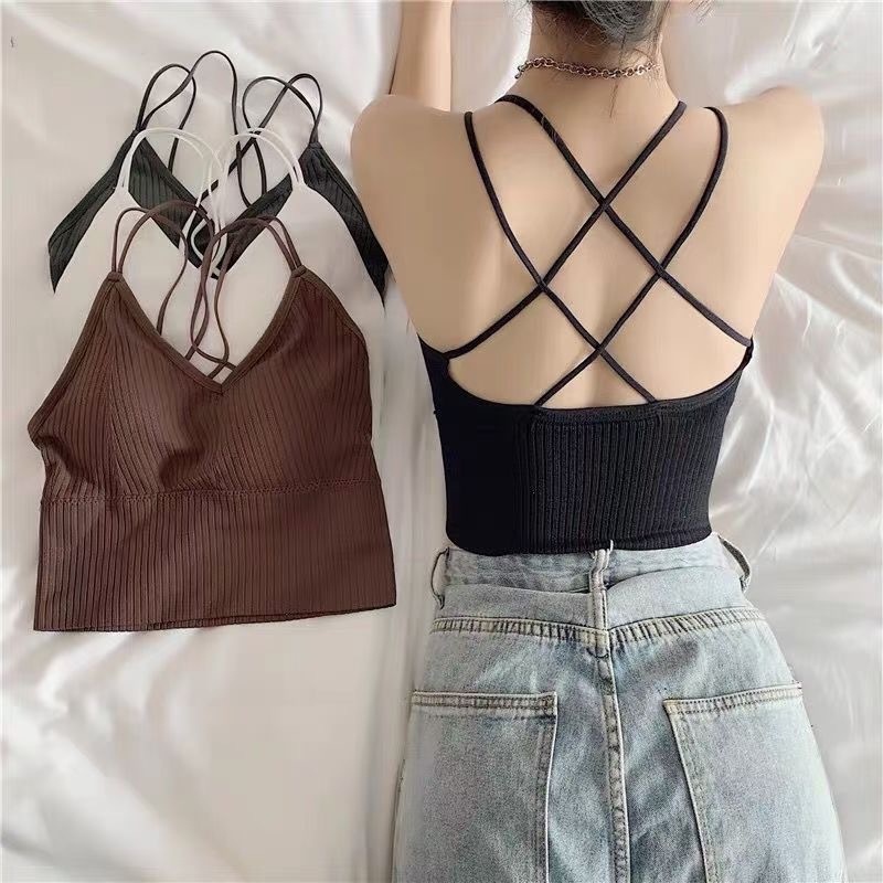 สินค้าพร้อมส่งจากไทย LoveIs Bra (F788) เสื้อครอปแฟชั่นเกาหลี มีฟองน้ำในตัว สายคู่แต่งไขว้หลัง