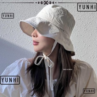 Yunhi หมวกบังแดด เชือกผูก แบบบาง สีพื้น แฟชั่นฤดูร้อน สไตล์ชาวประมง