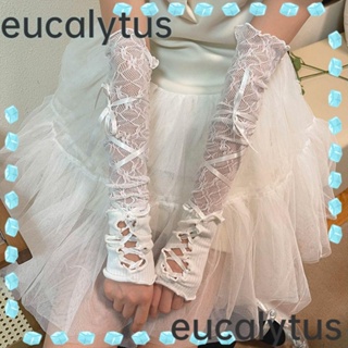 Eucalytus1 ถุงมือถัก ประดับโบว์ ลูกไม้ สไตล์พังก์ โกธิค โลลิต้า สําหรับผู้หญิง