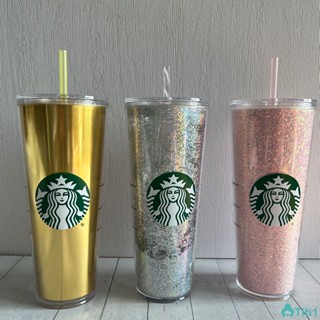 Starbucks ถ้วยกาแฟหลากสีพร้อมฝา Straw White Pink Gold เหมาะสำหรับ Home Office 710ml TH1