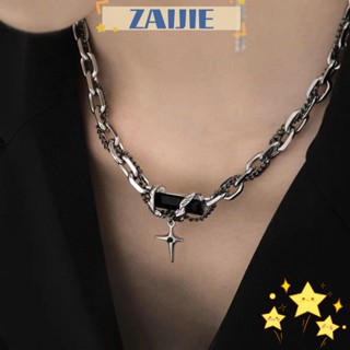 Zaijie24 สร้อยคอโซ่ จี้อัญมณีคริสตัล เพทาย อัลลอย สีดํา คุณภาพสูง สไตล์พังก์ สําหรับผู้หญิง