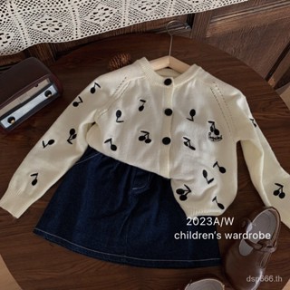 Korean childrens clothing 2023 autumn new fashionable girls Cherry sweater cardigan vest denim skirt three-piece set IE05