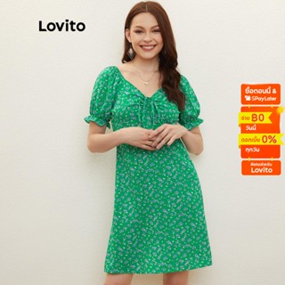 Lovito ชุดเดรสแขน Raglan ลายดอกไม้ สไตล์โบโฮ L20D316 (สีเขียว)