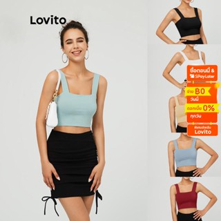 Lovito เสื้อสายเดี่ยว เอวลอย คอเหลี่ยม สีพื้น อินเทรนด์ L03020 (สีเขียว/ดำ/ขาว)