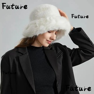 Future หมวกบักเก็ต ผ้ากํามะหยี่ขนนิ่ม ขนเฟอร์เทียม กันความหนาว สีพื้น สไตล์ชาวประมง กลางแจ้ง