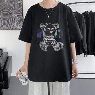 National Trendy Bear Print Short-Sleeved t-Shirt Men Women Summer Loose All-Match Large Size Hong Kong Style Street_02