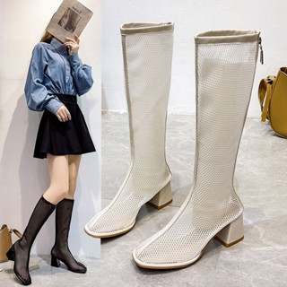 พร้อมส่ง👢👢รองเท้าบูทยาวกลวงสไตล์ญี่ปุ่นและเกาหลีรองเท้าบูทผู้หญิงแบนระบายอากาศรองเท้าบูทยาวตาข่ายโรมัน