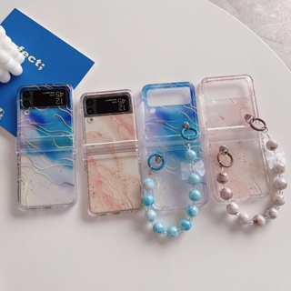 เคสโทรศัพท์มือถือ PC แข็ง กันกระแทก ไล่โทนสีฟ้า พร้อมสายโซ่คล้อง สําหรับ Samsung Galaxy Z Flip 4 5G 3in1 Z Flip 3