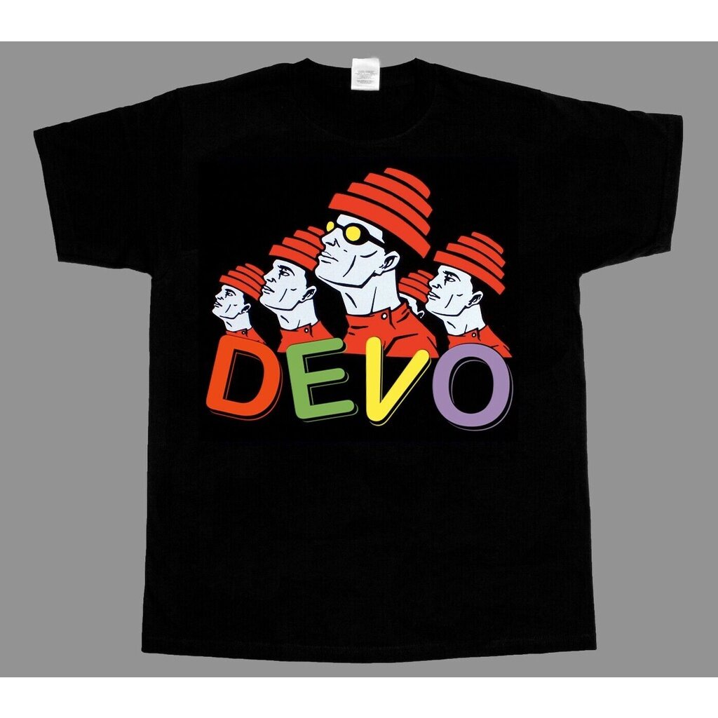 QIROUNDคอลูกเรือNeckเสื้อยืดผ้าฝ้ายพิมพ์ลาย Devo Band Rock Band สีดํา SNF1 คอกลม เสื้อยืด-4XL
