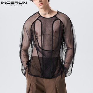 Incerun เสื้อยืด แขนยาว ผ้าตาข่าย กลวง แฟชั่นสําหรับผู้ชาย