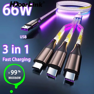 Hdoolink 3 in 1 RGB 66W 6A สายชาร์จเร็ว Type C สายเคเบิล Micro USB สีสันสดใส สตรีมเมอร์ เรืองแสง สําหรับ i-Phone Xiaomi สายชาร์จ USB