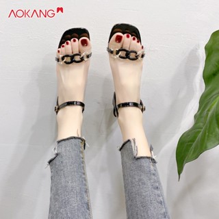 AOKANG รุ่นเกาหลีของรองเท้าแตะใหม่ทั้งหมดตรงกับส้นอ้วนโซ่นางฟ้าสไตล์โปร่งใสหนึ่งคําสายรองเท้าแตะสําหรับผู้หญิง