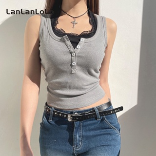 Lanlanlolo เสื้อแขนกุดลําลอง เข้ารูป แต่งขอบลูกไม้ สีคอนทราสต์ แฟชั่นสําหรับสตรี 2023