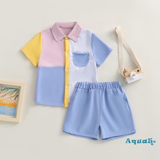 Aqq-เสื้อเชิ้ตแขนสั้น คอปก และกางเกงขาสั้น สีพื้น แฟชั่นฤดูร้อน สําหรับเด็กผู้ชาย 2 ชิ้น