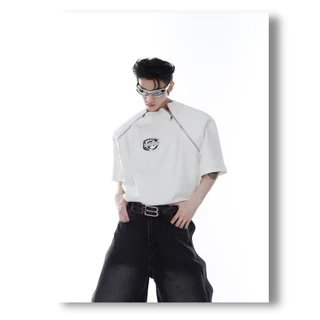 ASRV เสื้อยืด เสื้อยืดคอกลมแขนสั้นเรียบง่ายของผู้ชายซิปโลหะเดิมออกแบบบุคลิกภาพแบรนด์อินเทรนด์