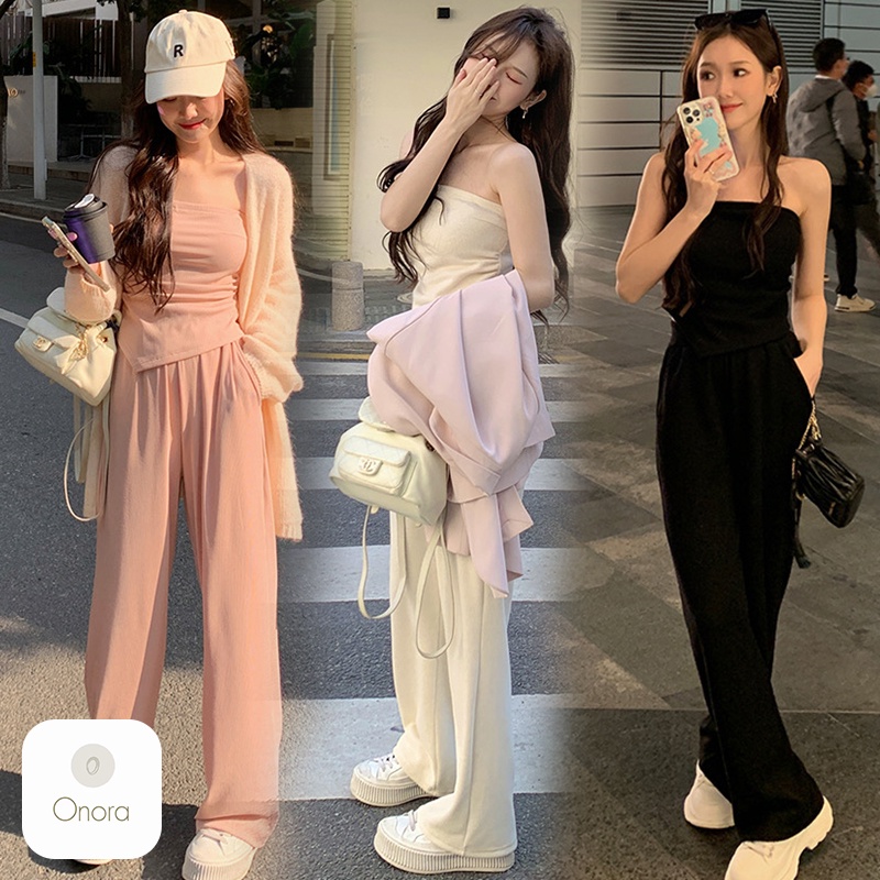 เสื้อครอปแขนสั้น+กางเกงขายาว เนื้อผ้ายืดหยุ่นใส่สบาย เสื้อเกาะอก+กางเกงขายาวทรงหลวม