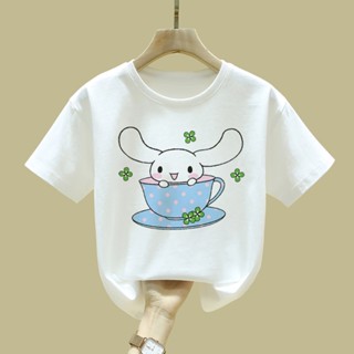 เสื้อยืดแขนสั้น คอกลม พิมพ์ลายการ์ตูน Cinnamoroll สีขาว สไตล์เกาหลี สําหรับเด็กผู้หญิง