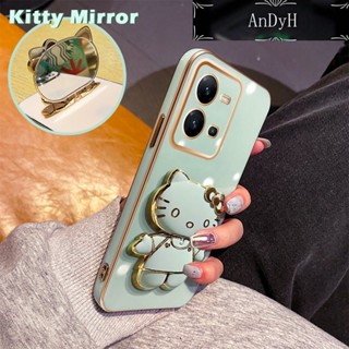 Andyh เคสโทรศัพท์มือถือแบบกระจก พับได้ ลายการ์ตูนเฮลโลคิตตี พร้อมขาตั้ง สําหรับ vivo V25 5G V25 Pro 5G V25E X80 Lite S15 Pro 5G