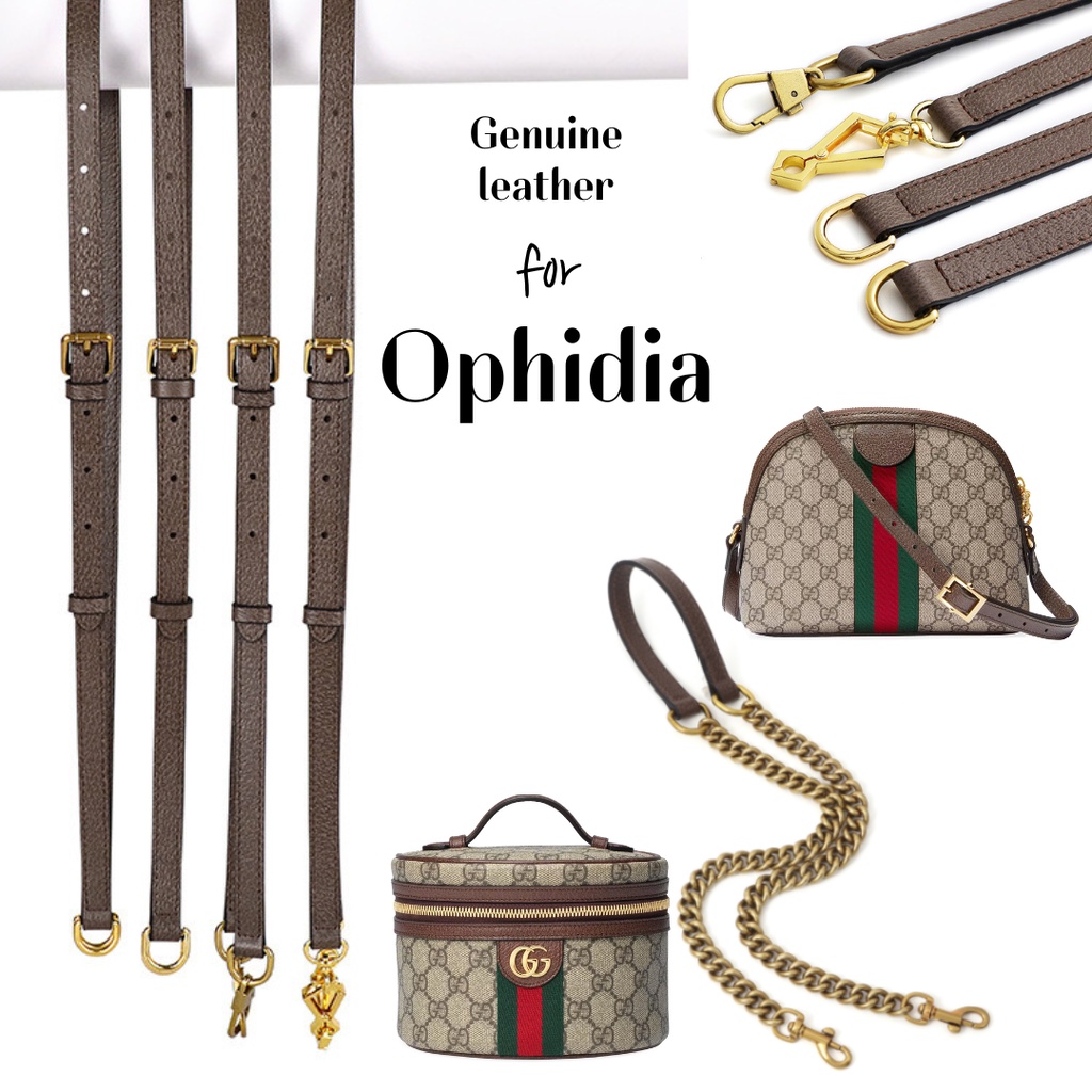 wbag สายหนังแท้ สายโซ่ ปรับสายได้ อะไหล่ทอง หนังสีน้ำตาล สำหรับ G u c c i O-phidia,Horse-bit