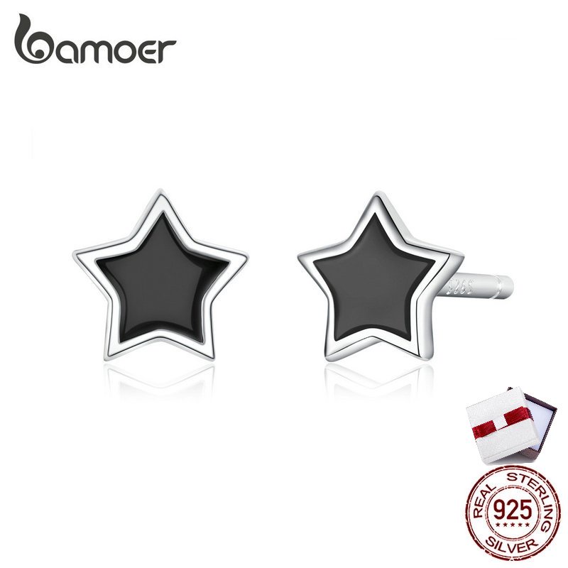 Bamoer ต่างหูสตั๊ด เงินแท้ 925 สีดํา BSE275