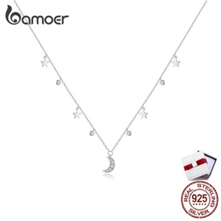 bamoer Authentic 925 Sterling Silver White Moon &amp; Star Pendant Necklace for Women Chain Link Necklaces Silver 925 Jewelry SCN420