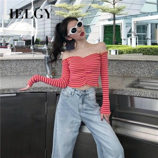 IELGY slim fit one word collar strapless navel short striped knitted top women