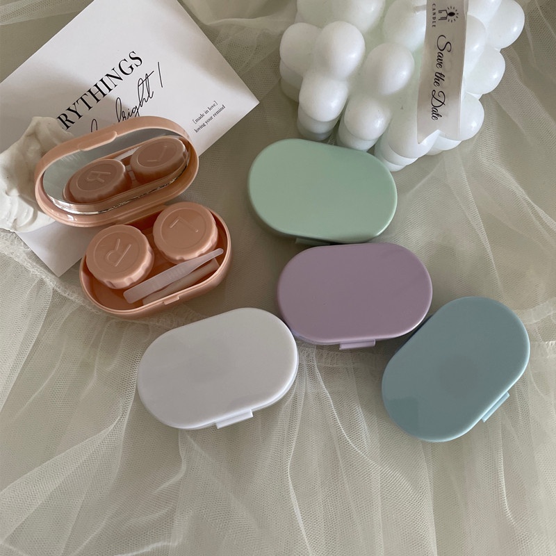 กล่องคอนแทคเลนส์ พร้อมกระจก สีครีม แบบเรียบง่าย สําหรับนักเรียน